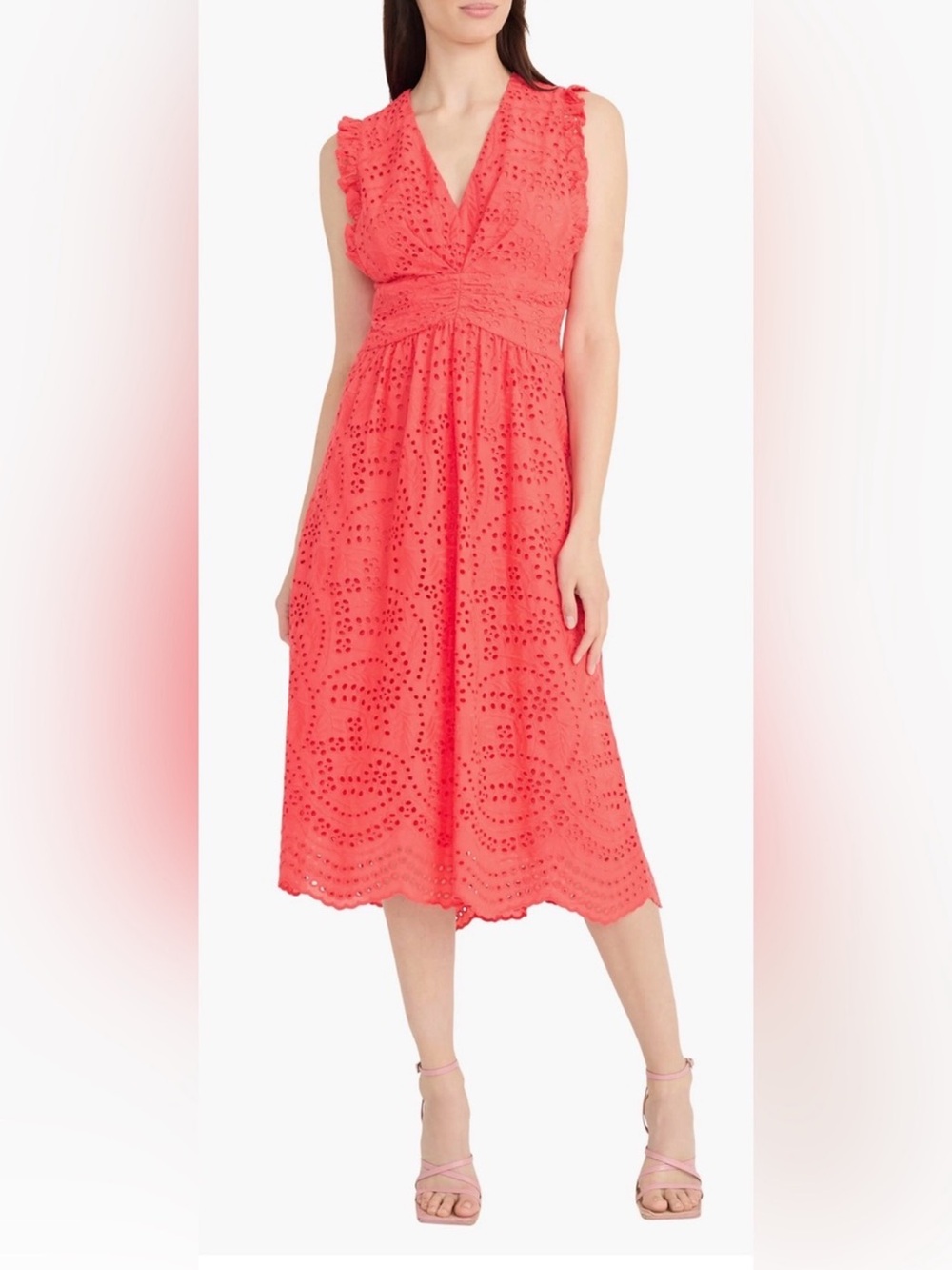 Maggy London Red Eyelet Embroidered Midi Dress Size 8 NWT V Neck Wedding Guest